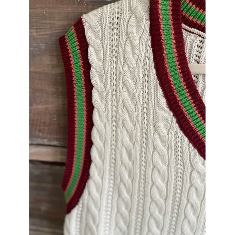 Forever 21 Cable Knit Sweater Vest Medium White Cropped Academia Collegiate Y2K - Picture 3 of 7